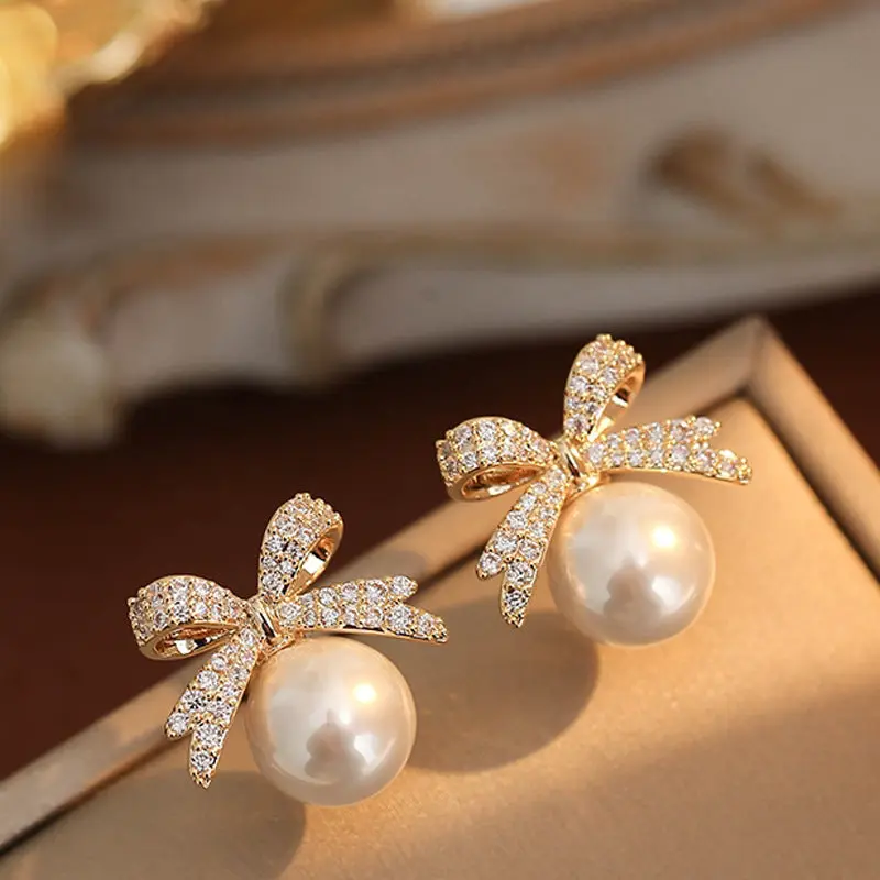 Bowknot Diamond Earrings - White
