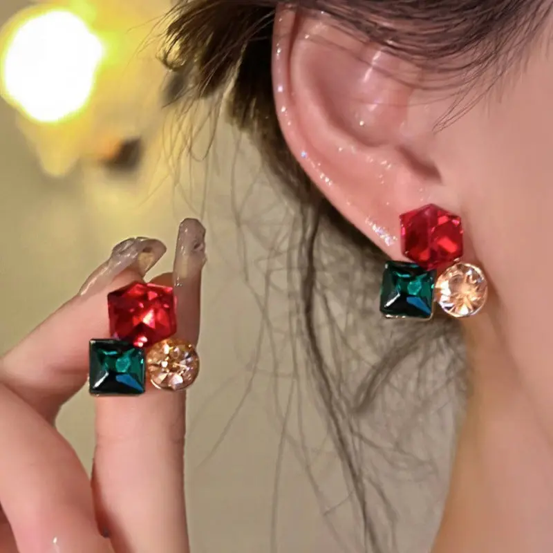 Three-Dimensional Geometric Crystal Earrings - Multi colour