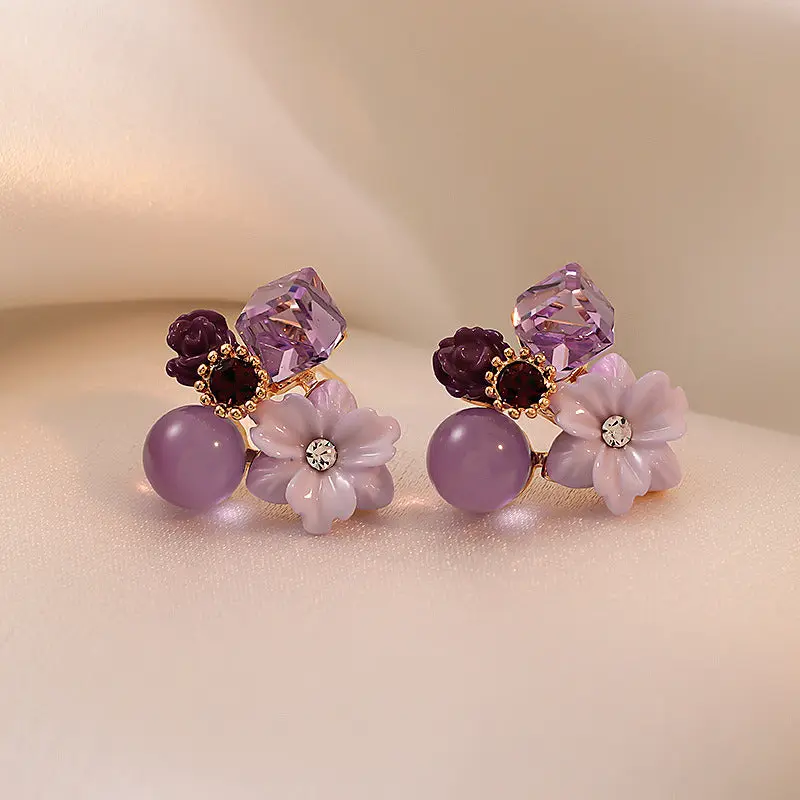 Maple rhyme retro purple zircon flower earrings