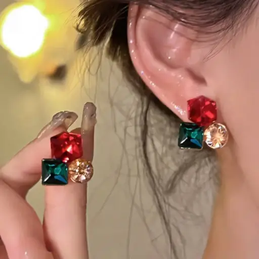 Three-Dimensional Geometric Crystal Earrings - Multi colour