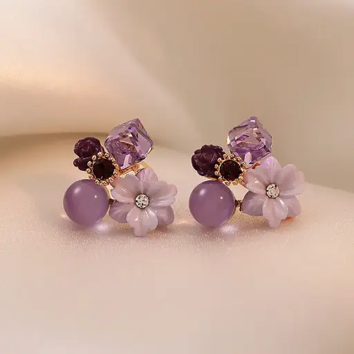 Maple rhyme retro purple zircon flower earrings