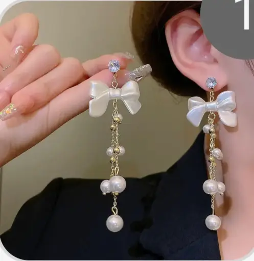 Retro long bow pearl tassel earrings